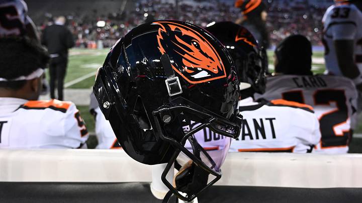 Nov 29, 2025; Pullman, Washington, USA; Oregon State Beavers helmet sits during a game against the Washington State Cougars in the first half at Gesa Field at Martin Stadium. Mandatory Credit: James Snook-Imagn Images