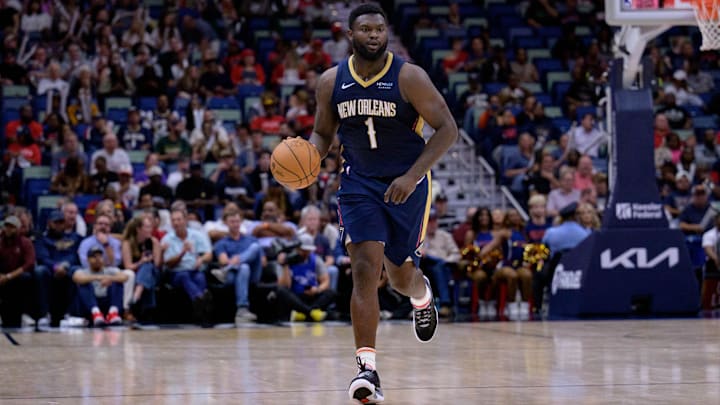 Nov 6, 2024; New Orleans, Louisiana, USA;  New Orleans Pelicans forward Zion Williamson (1) dribbles against the Cleveland Cavaliers during the first half at Smoothie King Center. Mandatory Credit: Matthew Hinton-Imagn Images