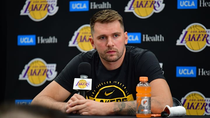 Sep 29, 2025; Los Angeles, CA, USA; Los Angeles Lakers guard Luka Doncic (77) during media day at UCLA Health Training Center. Mandatory Credit: Gary A. Vasquez-Imagn Images