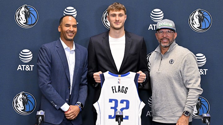 Jun 27, 2025; Dallas, TX, USA; (from left) Dallas Mavericks general manager Nico Harrison and Mavericks first overall pick Cooper Flagg and head coach Jason Kidd Jun 27, 2025; Dallas, TX, USA; (from left) Dallas Mavericks general manager Nico Harrison and Mavericks first overall pick Cooper Flagg and head coach Jason Kidd