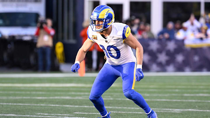 Nov 17, 2024; Foxborough, Massachusetts, USA; Los Angeles Rams wide receiver Cooper Kupp (10) lines up against the New England Patriots during the second half at Gillette Stadium. Nov 17, 2024; Foxborough, Massachusetts, USA; Los Angeles Rams wide receiver Cooper Kupp (10) lines up against the New England Patriots during the second half at Gillette Stadium.