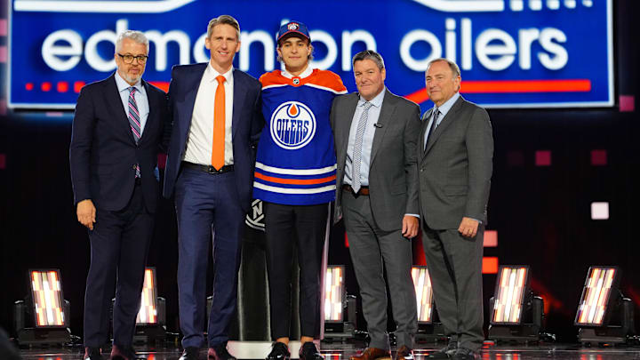 Sam O'Reilly is selected by the Edmonton Oilers with the 32nd overall pick in the first round of the 2024 NHL Draft at The Sphere.