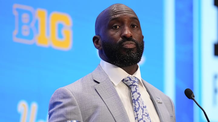 Jul 24, 2025; Las Vegas, NV, USA; UCLA head coach DeShaun Foster speaks to the media during the Big Ten NCAA college football media days at Mandalay Bay Resort. Mandatory Credit: Lucas Peltier-Imagn Images