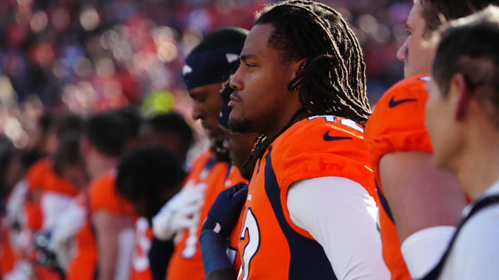 Nov 26, 2023; Denver, Colorado, USA; Denver Broncos linebacker Nik Bonitto (42) looks on before the game against the Cleveland Browns at Empower Field at Mile High. Mandatory Credit: Ron Chenoy-USA TODAY Sports