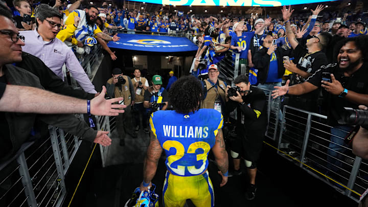 Los Angeles Rams running back Kyren Williams (23) walks off the field after their 27-9 playoff win over the Minnesota Vikings at State Farm Stadium on Jan. 13, 2025, in Glendale.