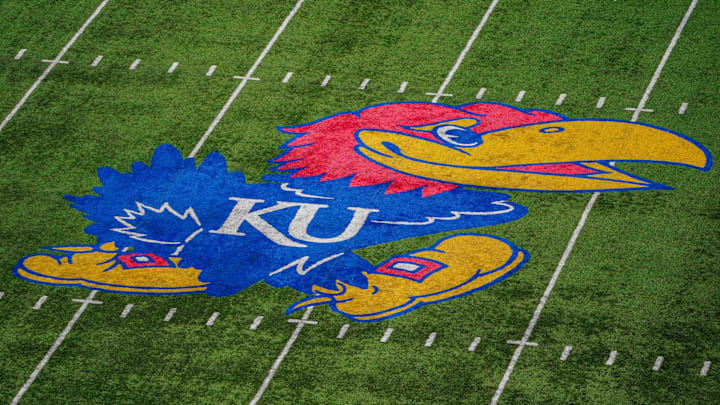 Oct 16, 2021; Lawrence, Kansas, USA; A general view of the Kansas Jayhawks center field logo against the Texas Tech Red Raiders during the game at David Booth Kansas Memorial Stadium. Mandatory Credit: Denny Medley-Imagn Images