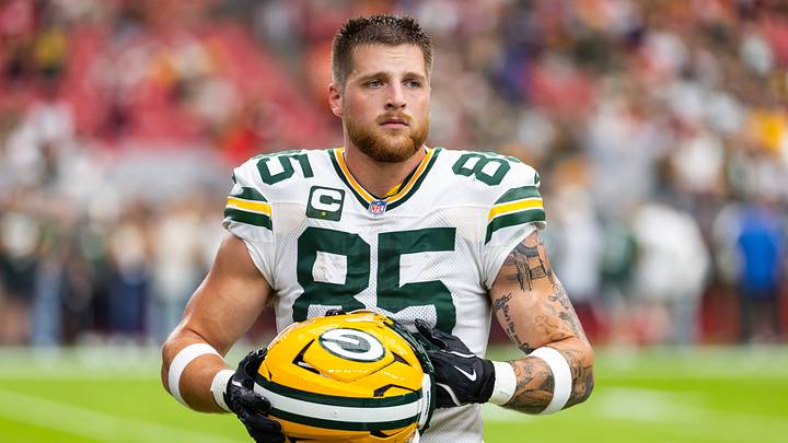 Green Bay Packers tight end Tucker Kraft (85) looks on