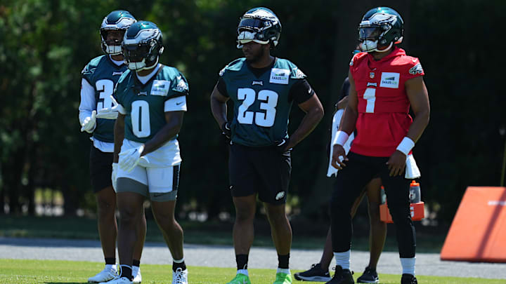Kennedy Brooks, #34, D'Andre Swift, #0, Rashaad Penny, #23 Jalen Hurts, #1, Philadelphia Eagles