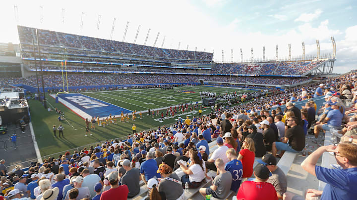 Kansas Jayhawks and West Virginia Mountaineers fans watch the game against West Virginia Mountaineers at David Booth Kansas Memorial Stadium on Sept. 20, 2025. Kansas Jayhawks and West Virginia Mountaineers fans watch the game against West Virginia Mountaineers at David Booth Kansas Memorial Stadium on Sept. 20, 2025.