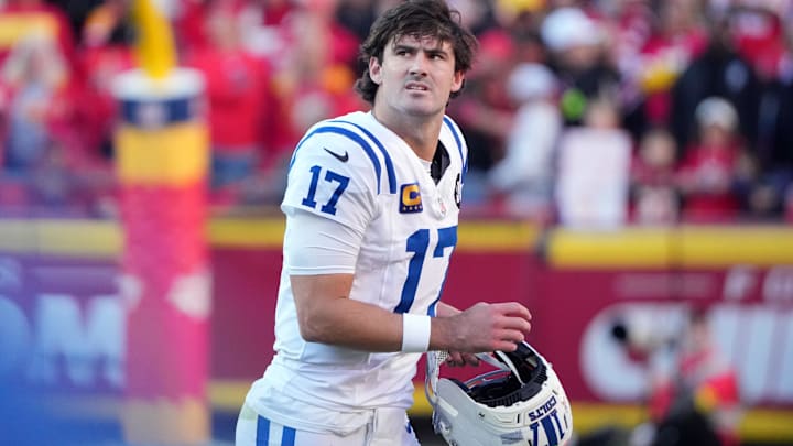 Nov 23, 2025; Kansas City, Missouri, USA; Indianapolis Colts quarterback Daniel Jones (17) looks on in the second half against the Kansas City Chiefs at GEHA Field at Arrowhead Stadium. Mandatory Credit: Denny Medley-Imagn Images
