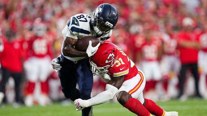 Aug 28, 2026; Kansas City, Missouri, USA; Seattle Seahawks wide receiver Montorie Foster Jr. (87) is tackled by Kansas City Chiefs linebacker Jeffrey Bassa (31) during the first half at Arrowhead Stadium. Mandatory Credit: Jay Biggerstaff-Imagn Images Aug 28, 2026; Kansas City, Missouri, USA; Seattle Seahawks wide receiver Montorie Foster Jr. (87) is tackled by Kansas City Chiefs linebacker Jeffrey Bassa (31) during the first half at Arrowhead Stadium. Mandatory Credit: Jay Biggerstaff-Imagn Images