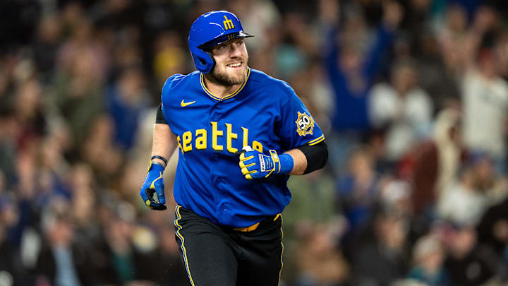 Luke Raley (20) rounds the bases after hitting a two-run home run during the sixth inning against the Cleveland Guardians at T-Mobile Park. Luke Raley (20) rounds the bases after hitting a two-run home run during the sixth inning against the Cleveland Guardians at T-Mobile Park.