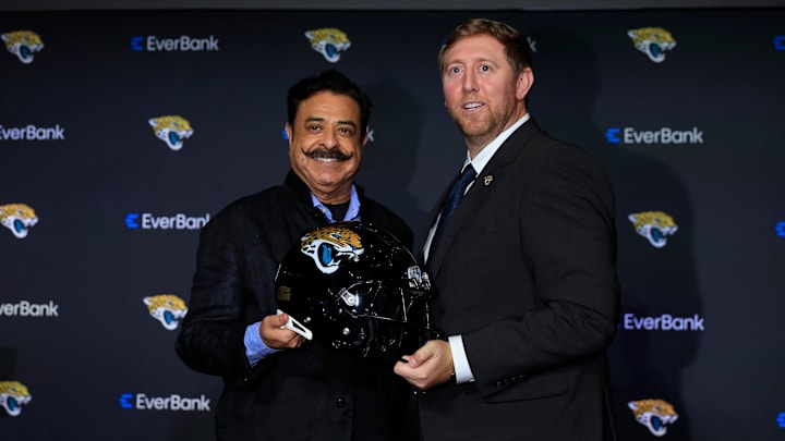 Jaguars owner Shad Khan, left, poses for a photo with new Jacksonville Jaguars head coach Liam Coen during a press conference Monday, Jan. 27, 2025 at the Miller Electric Center in Jacksonville, Fla. [Corey Perrine/Florida Times-Union]