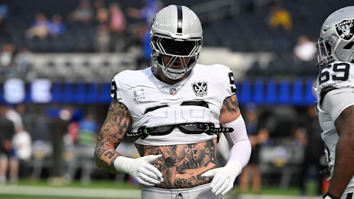Oct 20, 2024; Inglewood, California, USA; Las Vegas Raiders defensive end Maxx Crosby (98) during pregame warmups before an NFL game against the Los Angeles Rams at SoFi Stadium. Mandatory Credit: Robert Hanashiro-Imagn Images Oct 20, 2024; Inglewood, California, USA; Las Vegas Raiders defensive end Maxx Crosby (98) during pregame warmups before an NFL game against the Los Angeles Rams at SoFi Stadium. Mandatory Credit: Robert Hanashiro-Imagn Images