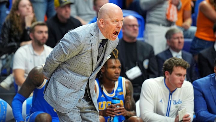 Mar 22, 2025; Lexington, KY, USA; UCLA Bruins head coach Mick Cronin reads during the second half against the Tennessee Volunteers in the second round of the NCAA Tournament at Rupp Arena. Mandatory Credit: Aaron Doster-Imagn Images