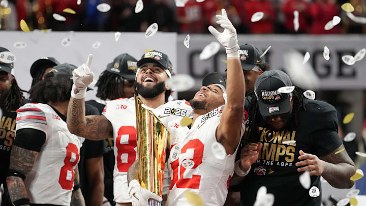 Ohio State Buckeyes running back TreVeyon Henderson celebrates after defeating Notre Dame in the CFP National Championship