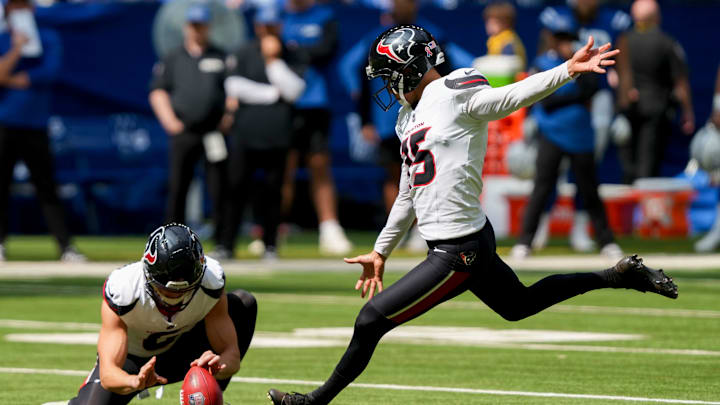 Sunday, Sept. 8, 2024, Houston Texans place kicker Ka'imi Fairbairn (15) kicks the ball during a game against the Houston Texans at Lucas Oil Stadium in Indianapolis.