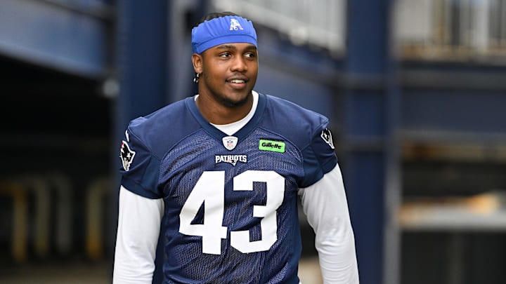 Jun 9, 2025; Foxborough, MA, USA; New England Patriots defensive end Bradyn Swinson (43) walks to the practice fields at Gillette Stadium. Mandatory Credit: Eric Canha-Imagn Images Jun 9, 2025; Foxborough, MA, USA; New England Patriots defensive end Bradyn Swinson (43) walks to the practice fields at Gillette Stadium. Mandatory Credit: Eric Canha-Imagn Images