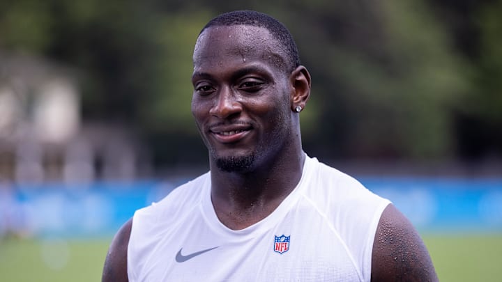 Jul 24, 2025; Charlotte, NC, USA; Carolina Panthers linebacker Nic Scourton (11) talks with the media after practice during training camp. Mandatory Credit: Scott Kinser-Imagn Images