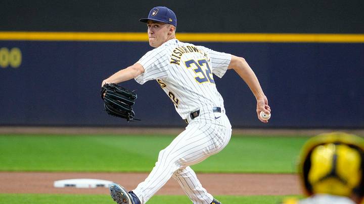 Aug 9, 2026; Milwaukee, Wisconsin, USA; Milwaukee Brewers starting pitcher Jacob Misiorowski (32) delivers a pitch against the Minnesota Twins in the first inning at American Family Field. Mandatory Credit: Michael McLoone-Imagn Images