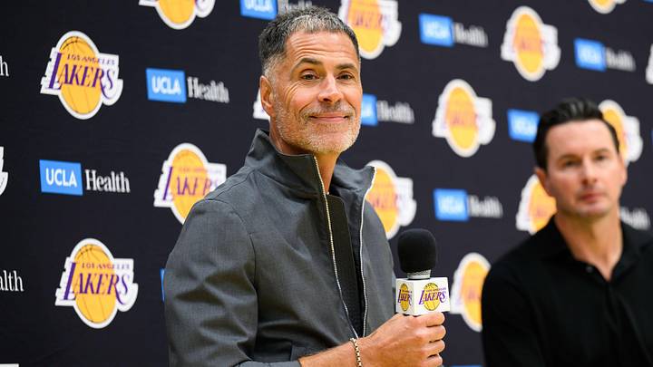 Sep 25, 2025; El Segundo, CA, USA; Los Angeles Lakers general manager Rob Pelinka, left, speaks during a press conference to preview the 2025-26 season at UCLA Health Training Center. Mandatory Credit: William Liang-Imagn Images Sep 25, 2025; El Segundo, CA, USA; Los Angeles Lakers general manager Rob Pelinka, left, speaks during a press conference to preview the 2025-26 season at UCLA Health Training Center. Mandatory Credit: William Liang-Imagn Images