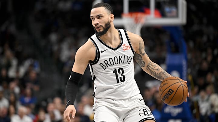 Mar 31, 2025; Dallas, Texas, USA; Brooklyn Nets guard Tyrese Martin (13) in action during the game between the Dallas Mavericks and the Brooklyn Nets at the American Airlines Center. Mandatory Credit: Jerome Miron-Imagn Images