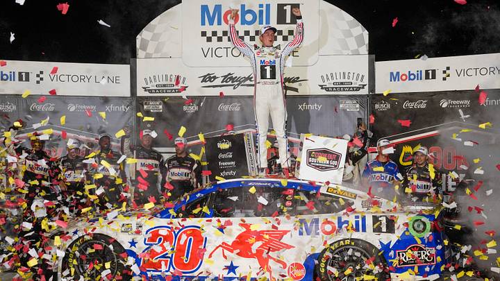 Sep 6, 2026; Darlington, South Carolina, USA; Joe Gibbs Racing driver Christopher Bell (20) celebrates his win during the Southern 500 at Darlington Raceway. Jim Dedmon-Imagn Images Sep 6, 2026; Darlington, South Carolina, USA; Joe Gibbs Racing driver Christopher Bell (20) celebrates his win during the Southern 500 at Darlington Raceway. Jim Dedmon-Imagn Images