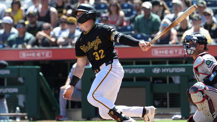 May 31, 2026; Pittsburgh, Pennsylvania, USA;  Pittsburgh Pirates catcher Henry Davis (32) hits a two run single against the Minnesota Twins during the fifth inning at PNC Park. Mandatory Credit: Charles LeClaire-Imagn Images