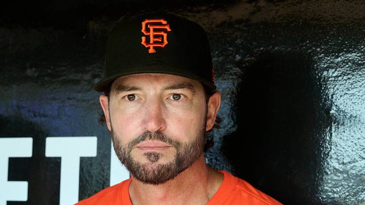San Francisco, California, USA; San Francisco Giants manager Tony Vitello (23) speaks to the media before a game against the Detroit Tigers at Oracle Park. Mandatory Credit: Robert Edwards-Imagn Images