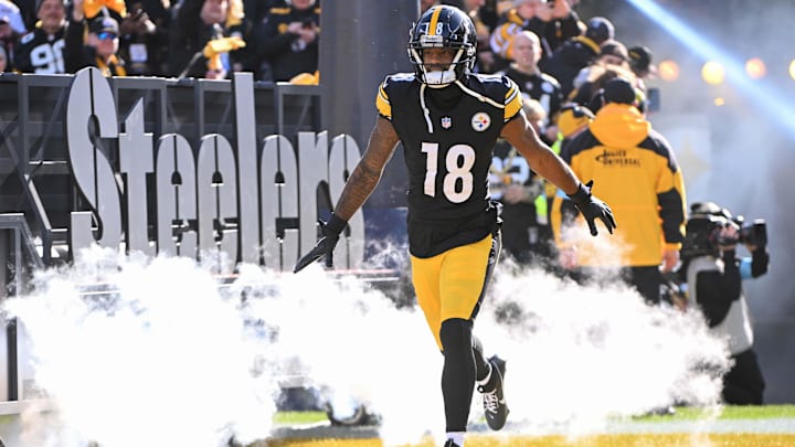 Dec 8, 2024; Pittsburgh, Pennsylvania, USA; Pittsburgh Steelers wide receiver Mike Williams (18) takes the field for a game against the Cleveland Browns at Acrisure Stadium. Mandatory Credit: Barry Reeger-Imagn Images