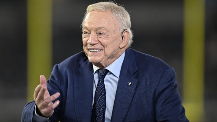 Dallas Cowboys owner Jerry Jones talks before the game against the Arizona Cardinals.