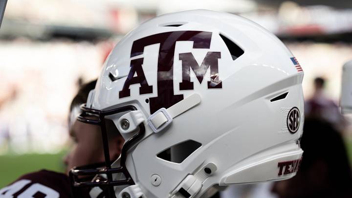 Texas A&M Aggies helmet on the sideline prior to the game against the Notre Dame Fighting Irish at Kyle Field. 