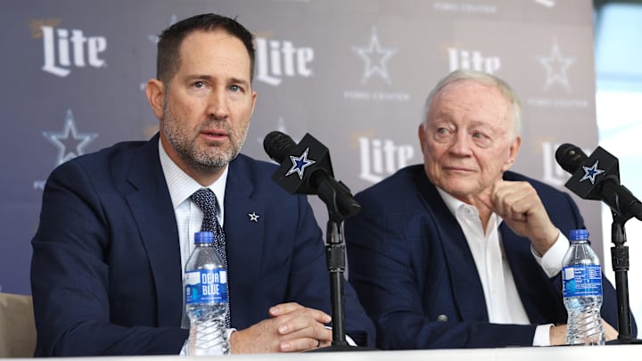 Dallas Cowboys Head Coach Brian Schottenheimer and owner Jerry Jones speak to the media at a press conference at the Star.  