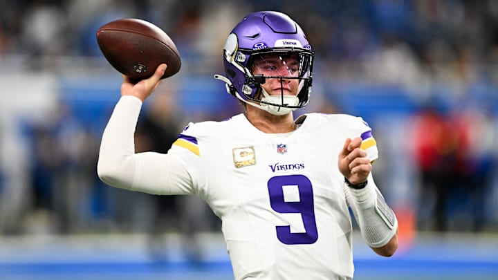 Nov 2, 2025; Detroit, Michigan, USA; Minnesota Vikings quarterback J.J. McCarthy (9) warms up before the game against the Detroit Lions at Ford Field. 