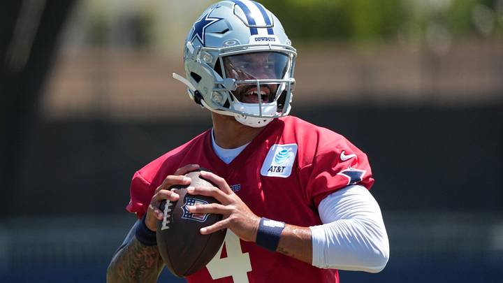 Dallas Cowboys quarterback Dak Prescott throws the ball at training camp at River Ridge Playing Fields. Dallas Cowboys quarterback Dak Prescott throws the ball at training camp at River Ridge Playing Fields.