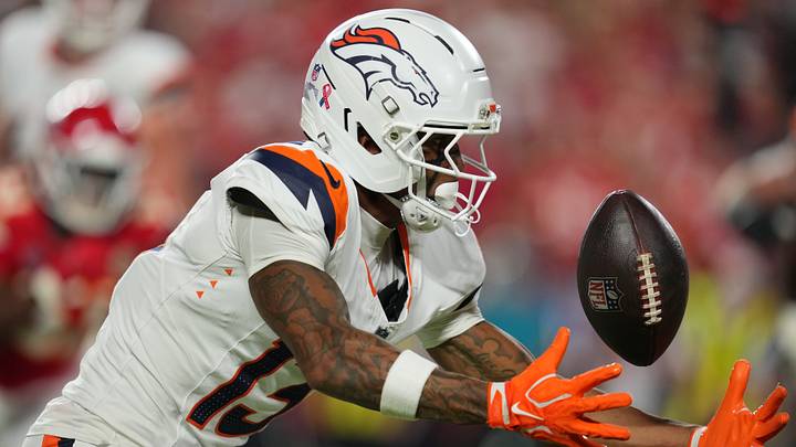 Denver Broncos wide receiver Pat Bryant (13) attempts to make a catch against the Kansas City Chiefs at GEHA Field at Arrowhead Stadium. Denver Broncos wide receiver Pat Bryant (13) attempts to make a catch against the Kansas City Chiefs at GEHA Field at Arrowhead Stadium.