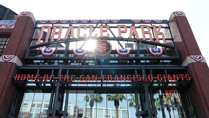 Mar 27, 2026; San Francisco, California, USA; Bunting hangs on the main entrance to the stadium as seen before the game between the San Francisco Giants and the New York Yankees at Oracle Park. Mandatory Credit: Darren Yamashita-Imagn Images