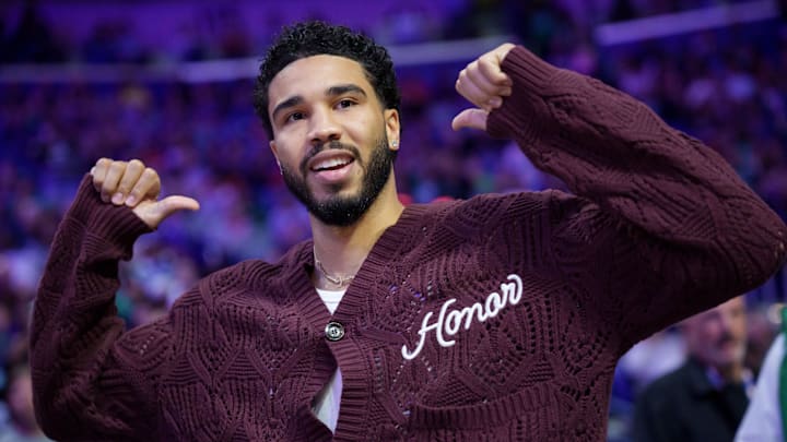 Oct 27, 2025; New Orleans, Louisiana, USA; Boston Celtics forward Jayson Tatum reacts during introductions during a game against the New Orleans Pelicans at Smoothie King Center. Mandatory Credit: Matthew Hinton-Imagn Images