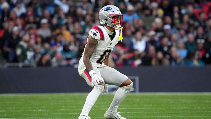 Oct 20, 2024; London, United Kingdom; New England Patriots cornerback Christian Gonzalez (0) in the second half of an NFL International Series game against the Jacksonville Jaguars at Wembley Stadium. Mandatory Credit: Kirby Lee-Imagn Images Oct 20, 2024; London, United Kingdom; New England Patriots cornerback Christian Gonzalez (0) in the second half of an NFL International Series game against the Jacksonville Jaguars at Wembley Stadium. Mandatory Credit: Kirby Lee-Imagn Images