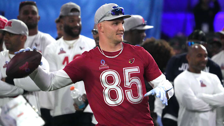 Jan 30, 2025; Orlando, FL, USA; NFC tight end Trey McBride of the Arizona Cardinals (85) during the Satisfying Catch event at the Pro Bowl Skills Challenge at Nicholson Fieldhouse. Mandatory Credit: Kirby Lee-Imagn Images