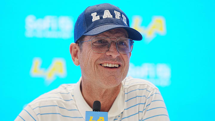 Jan 15, 2025; El Segundo, CA, USA; Los Angeles Chargers coach Jim Harbaugh.