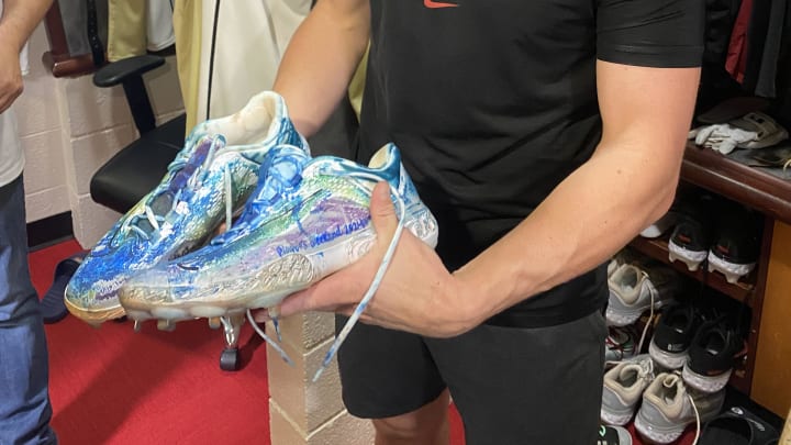 Arizona Diamondbacks infielder Kevin Newman shows off his Daughter, Addison's handiwork on his MLB Players' Weekend cleats. | Jack Sommers, Diamondbacks ON SI