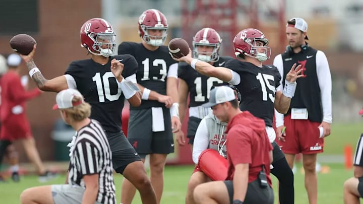 8/3/25 MFB MFB Fall Camp practice 4 Alabama Quarterback Austin Mack (10) Alabama Quarterback Ty Simpson (15) Photo by Kent Gidley 8/3/25 MFB MFB Fall Camp practice 4 Alabama Quarterback Austin Mack (10) Alabama Quarterback Ty Simpson (15) Photo by Kent Gidley