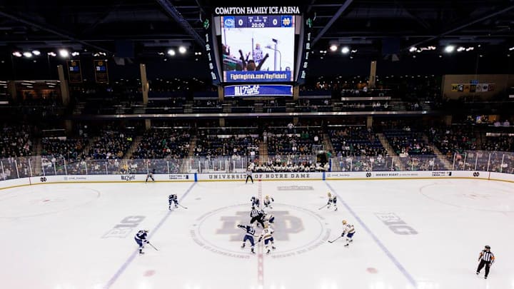 A view of the opening faceoff for the Penn State-Notre Dame NCAA hockey game at Compton Family Ice Arena in South Bend, Indiana.