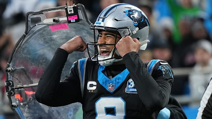 CHARLOTTE, NORTH CAROLINA - DECEMBER 01: Bryce Young #9 of the Carolina Panthers celebrates a touchdown during the second quarter against the Tampa Bay Buccaneers at Bank of America Stadium on December 01, 2024 in Charlotte, North Carolina.