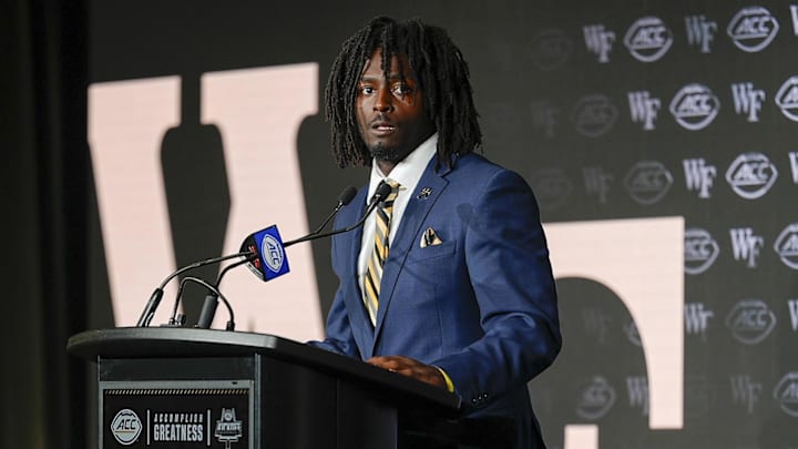 Jul 23, 2025; Charlotte, NC, USA; Wake Forest running back Demond Claiborne answers questions from the media during ACC Media days at Hilton Charlotte Uptown. Mandatory Credit: Jim Dedmon-Imagn Images
