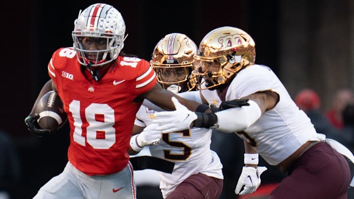 Nov 18, 2023; Columbus, Ohio, USA;
Ohio State Buckeyes wide receiver Marvin Harrison Jr. (18) Nov 18, 2023; Columbus, Ohio, USA;
Ohio State Buckeyes wide receiver Marvin Harrison Jr. (18)