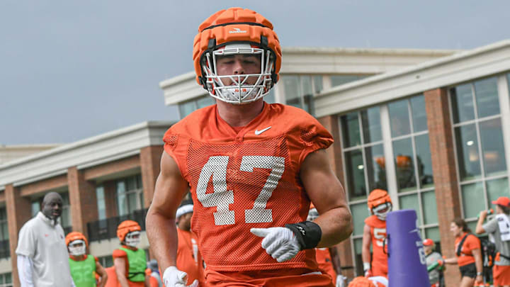 Clemson linebacker Sammy Brown (47) during the Clemson first football August practice in Clemson, S.C. Thursday August 1, 2024.