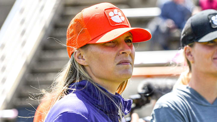 April 1, 2023, Clemson, South Carolina, USA; Clemson Tigers head coach Allison Kwolek before the Pink Game on Senior Day against the Louisville Cardinals at Riggs Field. 
