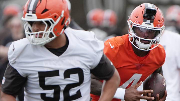 Browns center Parker Brailsford blocks as quarterback Deshaun Watson runs on the first day of minicamp at CrossCountry Mortgage Campus of the Cleveland Browns in Berea, Ohio on June 9, 2026. Browns center Parker Brailsford blocks as quarterback Deshaun Watson runs on the first day of minicamp at CrossCountry Mortgage Campus of the Cleveland Browns in Berea, Ohio on June 9, 2026.